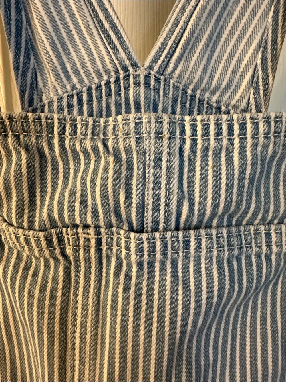 Old Navy Girls’ Blue and White Railroad Striped Raw Hem Short Overalls